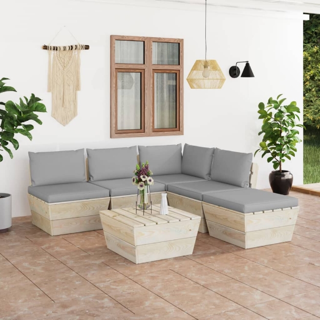 Set Divani da Giardino su Pallet 6 pz con Cuscini Legno Abete