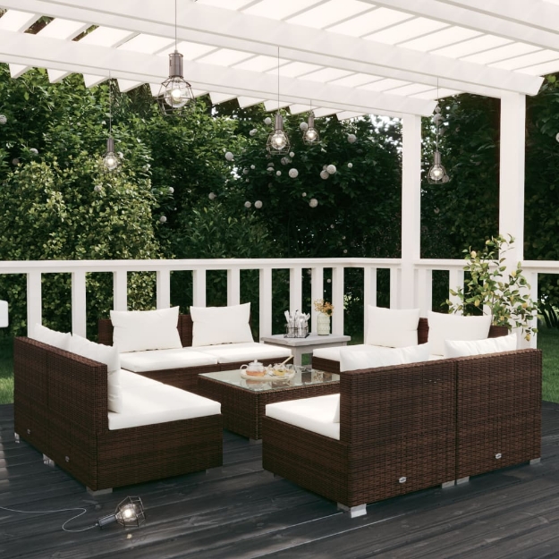 Set da Giardino 9 pz con Cuscini in Polyrattan Marrone