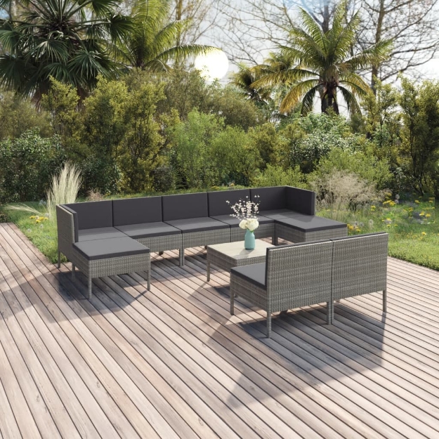 Set Divani da Giardino 10 pz con Cuscini in Polyrattan Grigio