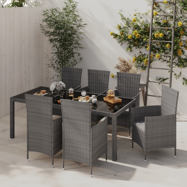 Set da Pranzo da Giardino 7 pz con Cuscini in Polyrattan Grigio