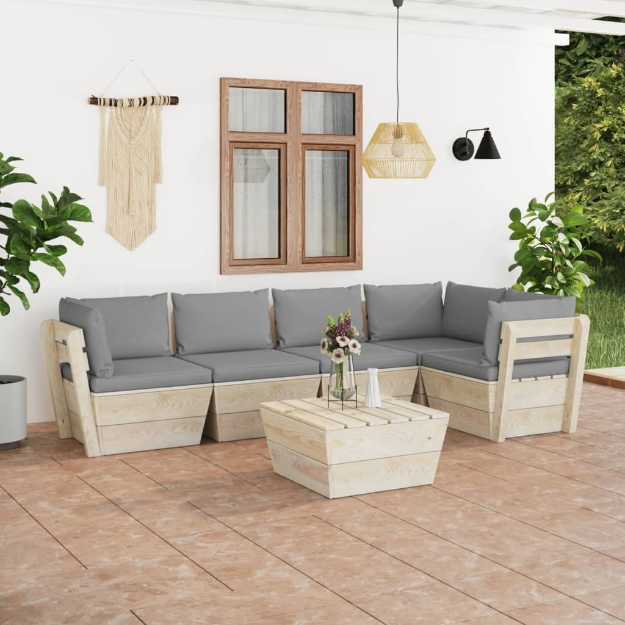 Set Divani da Giardino su Pallet 6 pz con Cuscini Legno Abete