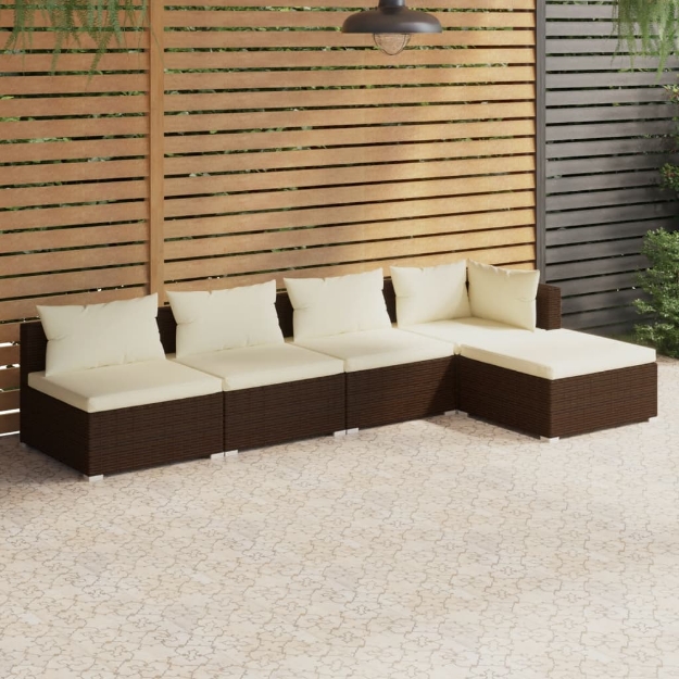 Set Divani da Giardino 5 pz con Cuscini in Polyrattan Marrone