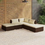 Set Divani da Giardino 5 pz con Cuscini in Polyrattan Marrone