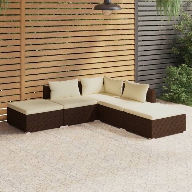 Set Divani da Giardino 5 pz con Cuscini in Polyrattan Marrone