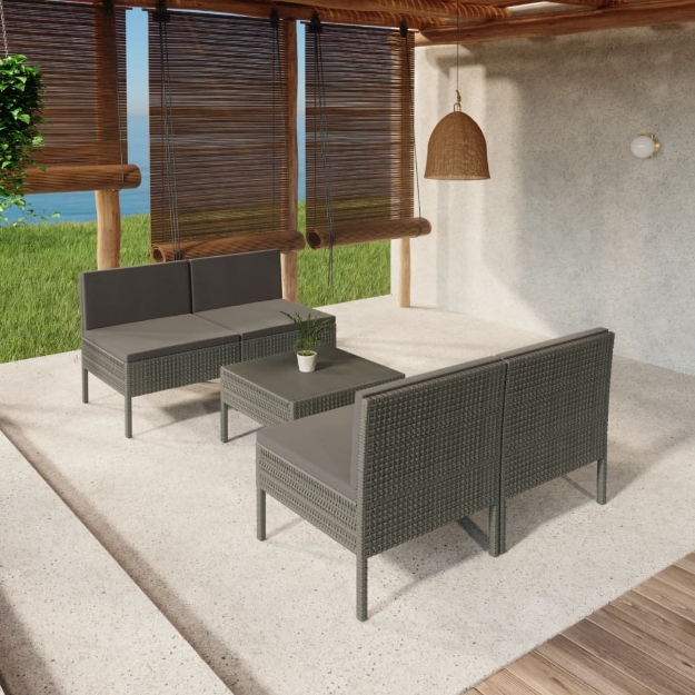 Set Divani da Giardino 5 pz con Cuscini in Polyrattan Grigio