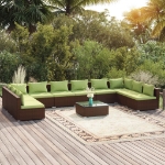 Set Divani da Giardino 11 pz con Cuscini in Polyrattan Marrone