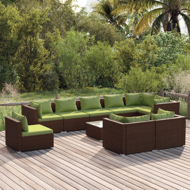 Set Divani da Giardino 10 pz con Cuscini in Polyrattan Marrone