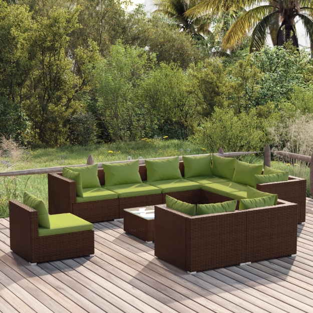 Set Divani da Giardino 10 pz con Cuscini in Polyrattan Marrone