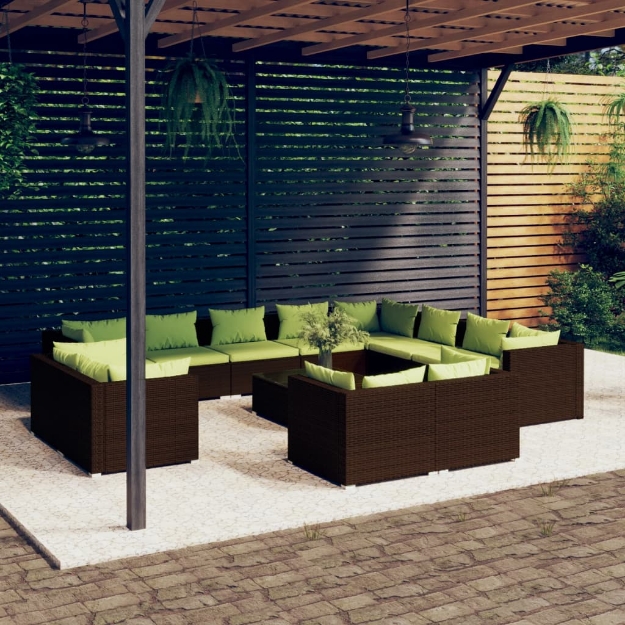 Set Divani da Giardino 13 pz con Cuscini in Polyrattan Marrone