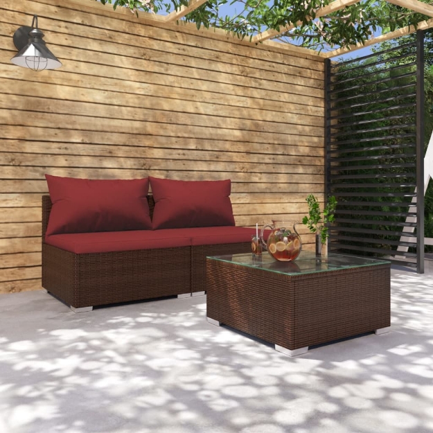 Set Divani da Giardino 3 pz con Cuscini in Polyrattan Marrone