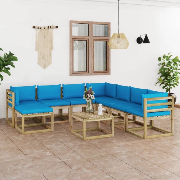 Set Divani da Giardino 9pz con Cuscini Legno di Pino Impregnato