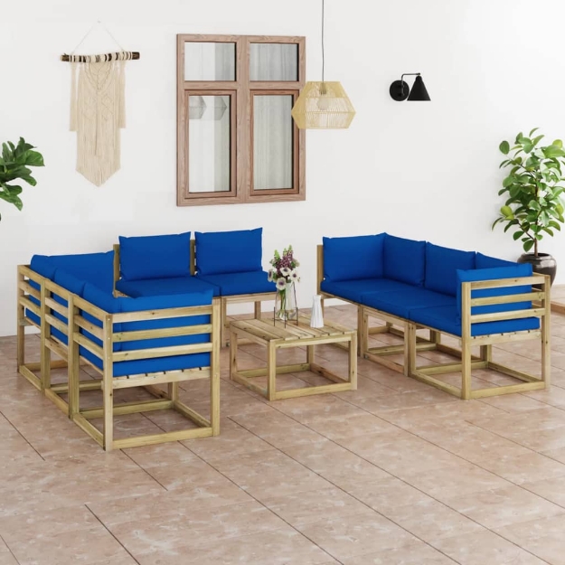 Set Divani da Giardino 9pz con Cuscini Legno di Pino Impregnato