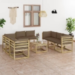 Set Divani da Giardino 9pz con Cuscini Legno di Pino Impregnato