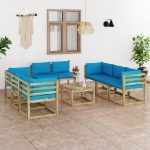 Set Divani da Giardino 9pz con Cuscini Legno di Pino Impregnato