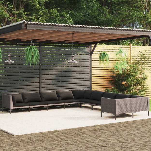 Set Divani da Giardino 10pz con Cuscini Polyrattan Grigio Scuro