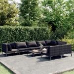 Set Divani Giardino 9 pz con Cuscini in Polyrattan Grigio Scuro