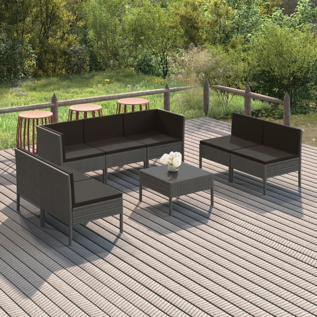 Set Divani da Giardino 8 pz con Cuscini in Polyrattan Grigio