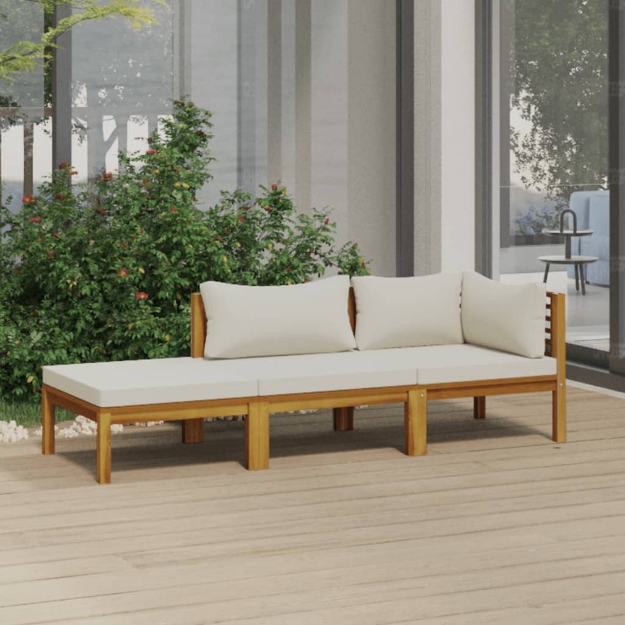 Set Divani da Giardino 3 pz con Cuscini Crema in Legno Acacia