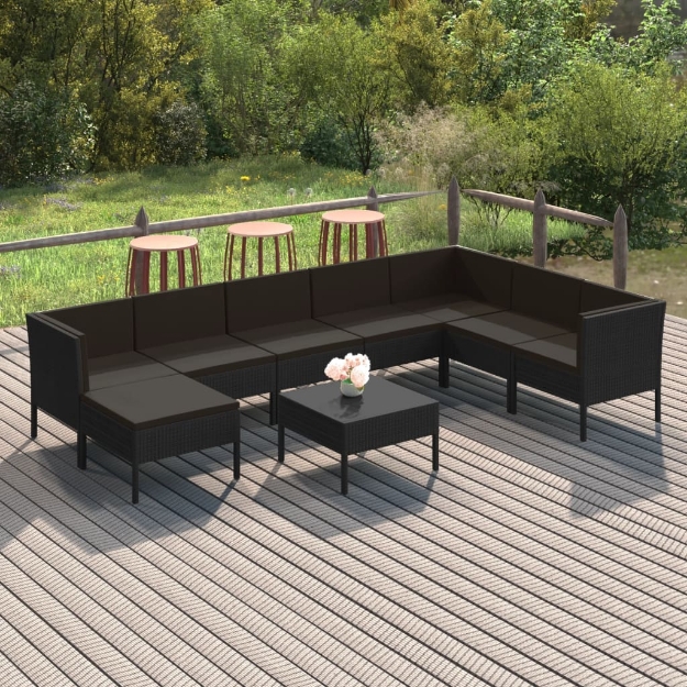 Set Divani da Giardino 9 pz con Cuscini in Polyrattan Nero