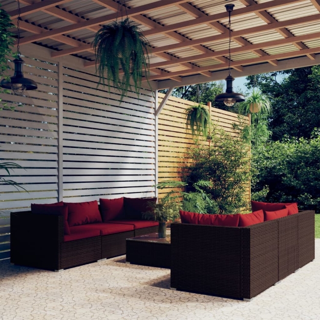 Set Divani da Giardino 7 pz con Cuscini in Polyrattan Marrone