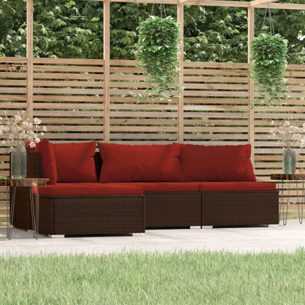 Set Divani da Giardino 4 pz con Cuscini in Polyrattan Marrone