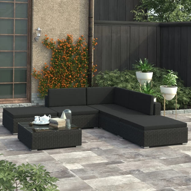 Set Divani da Giardino 6 pz con Cuscini in Polyrattan Nero