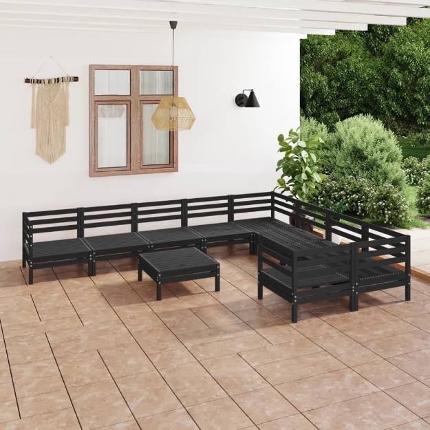 Set Divani da Giardino 10 pz Nero in Legno Massello di Pino