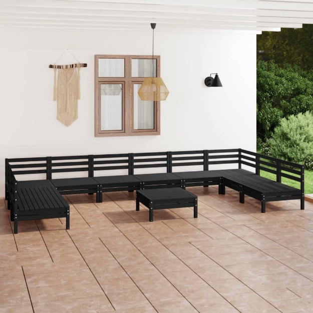 Set Divani da Giardino 11 pz Nero in Legno Massello di Pino