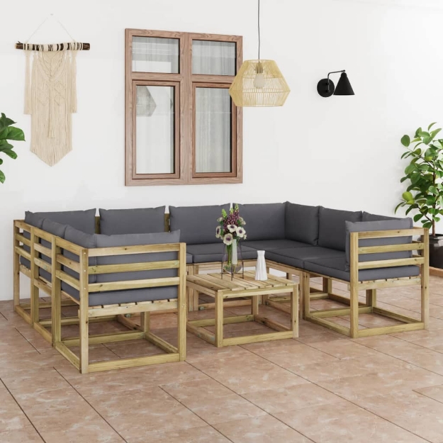 Set Divani da Giardino 9pz con Cuscini Legno di Pino Impregnato