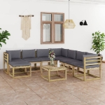 Set Divani da Giardino 9pz con Cuscini Legno di Pino Impregnato