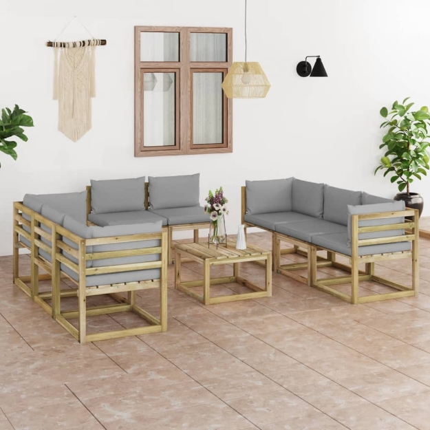 Set Divani da Giardino 9pz con Cuscini Legno di Pino Impregnato