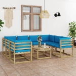 Set Divani da Giardino 9pz con Cuscini Legno di Pino Impregnato