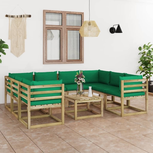 Set Divani da Giardino 9pz con Cuscini Legno di Pino Impregnato