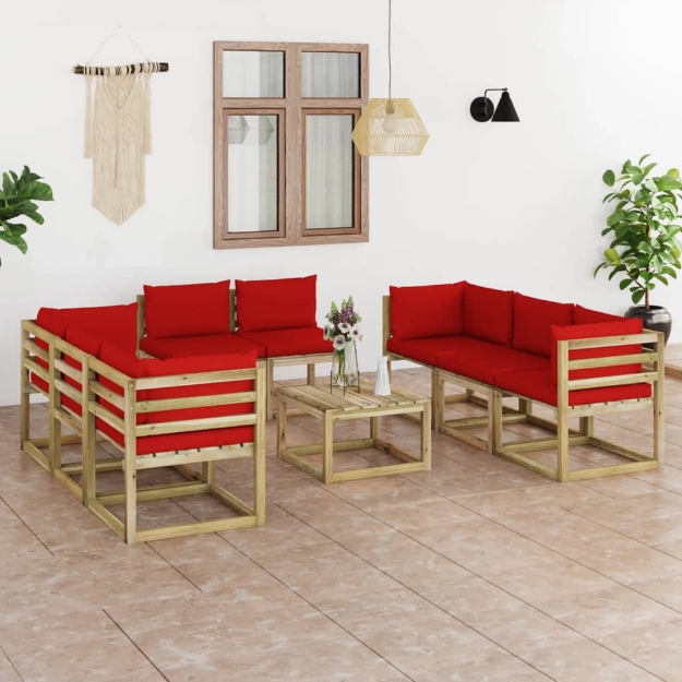 Set Divani da Giardino 9pz con Cuscini Legno di Pino Impregnato