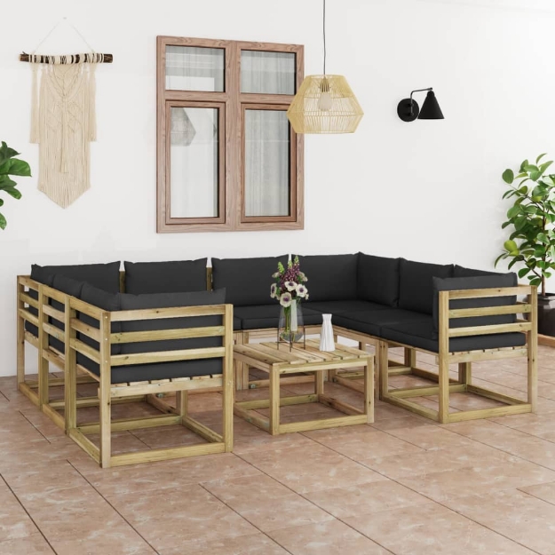 Set Divani da Giardino 9pz con Cuscini Legno di Pino Impregnato