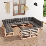 Set Divani da Giardino 11 pz con Cuscini Legno Massello di Pino