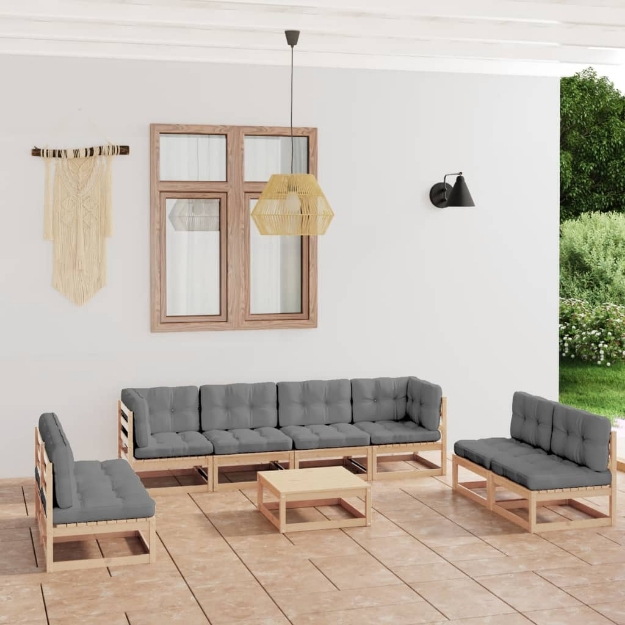 Set Divani da Giardino 9 pz con Cuscini Legno Massello di Pino