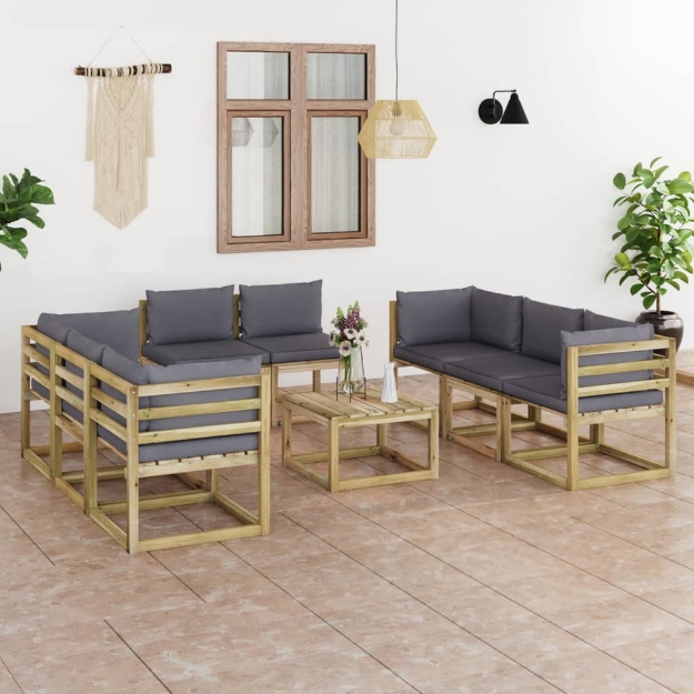 Set Divani da Giardino 9pz con Cuscini Legno di Pino Impregnato