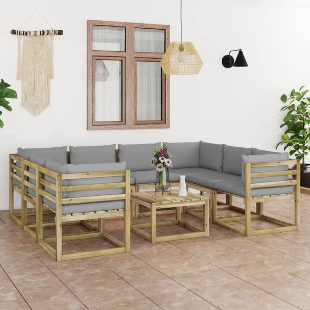 Set Divani da Giardino 9pz con Cuscini Legno di Pino Impregnato