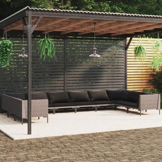 Set Divani da Giardino 10pz con Cuscini Polyrattan Grigio Scuro