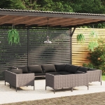 Set Divani da Giardino 11pz con Cuscini Polyrattan Grigio Scuro