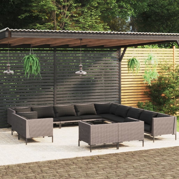 Set Divani Giardino 13pz con Cuscini in Polyrattan Grigio Scuro