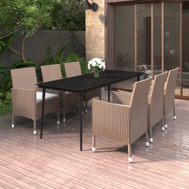 Set da Pranzo per Giardino 7 pz con Cuscini Polyrattan e Vetro