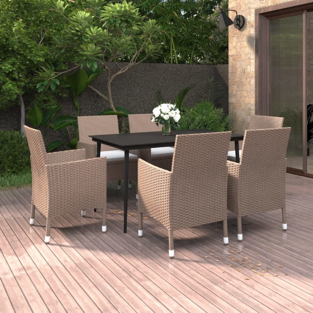 Set da Pranzo per Giardino 7 pz con Cuscini Polyrattan e Vetro