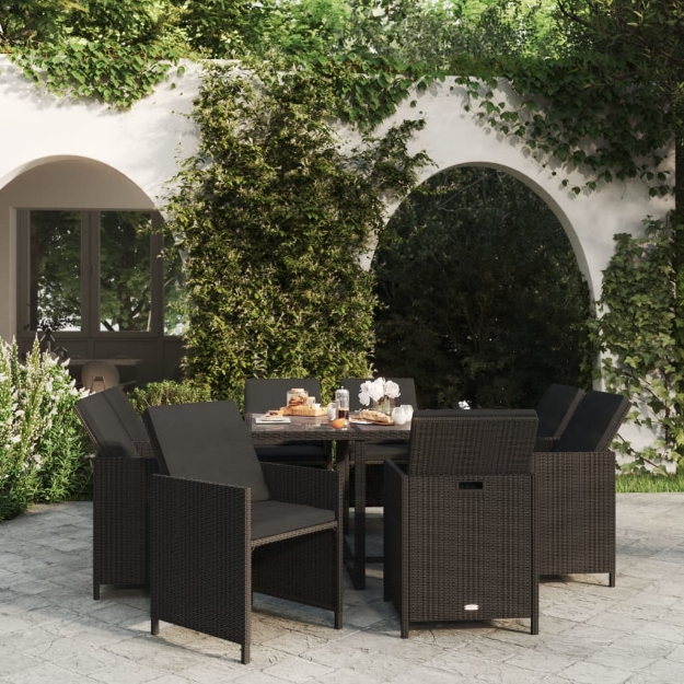 Set da Pranzo per Giardino 9 pz con Cuscini in Polyrattan Nero