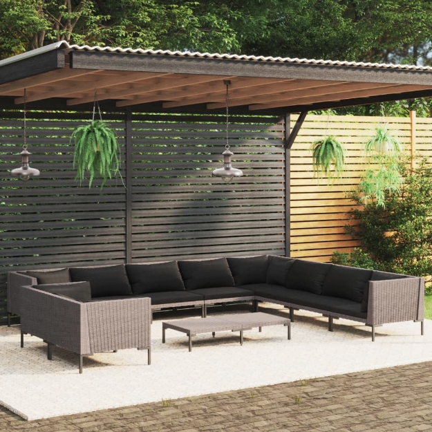 Set Divani da Giardino 11pz con Cuscini Polyrattan Grigio Scuro