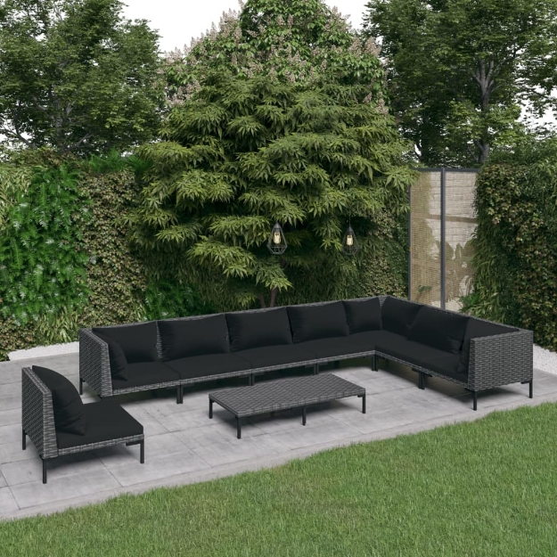 Set Divani Giardino 9 pz con Cuscini in Polyrattan Grigio Scuro