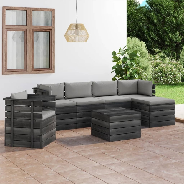 Set Divani da Giardino su Pallet 7 pz con Cuscini Massello Pino