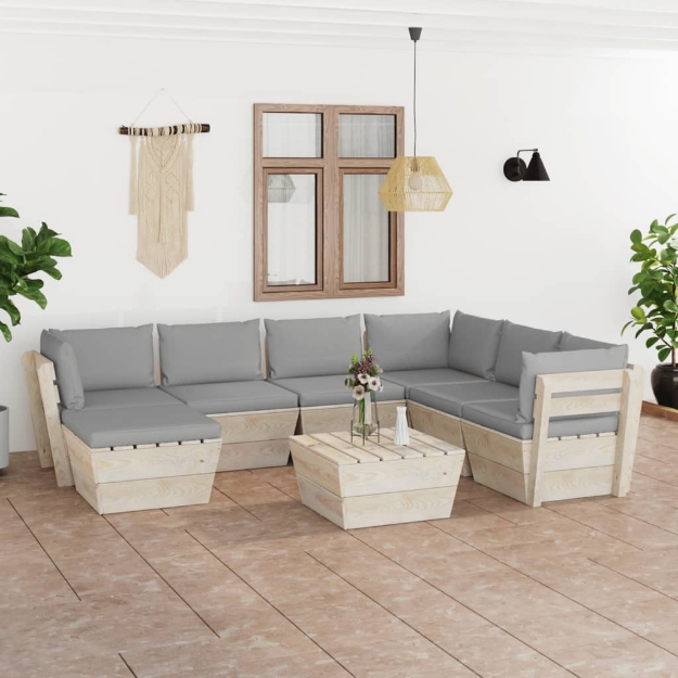 Set Divani da Giardino su Pallet 8 pz con Cuscini Legno Abete