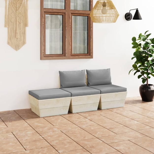 Set Divani da Giardino su Pallet 3 pz con Cuscini Legno Abete